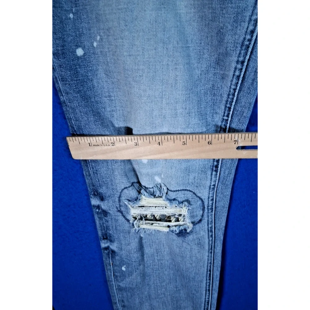 Shabaz Brothers Mens Skinny Jeans 34 Distressed Ripped Paint Splatter Blue Denim